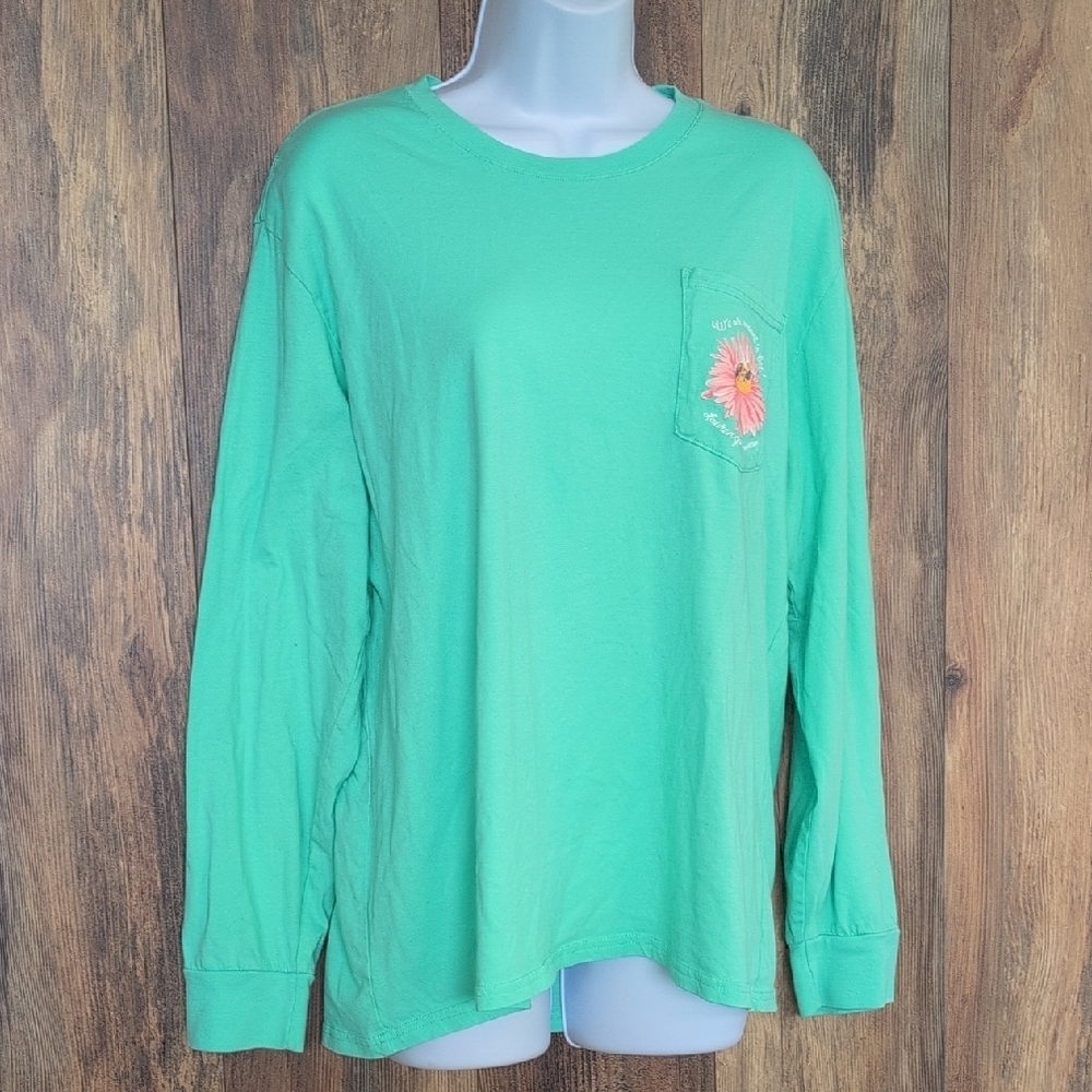 Lauren James Green Long Sleeve Tee with Bee Floral Embroidered Detail L